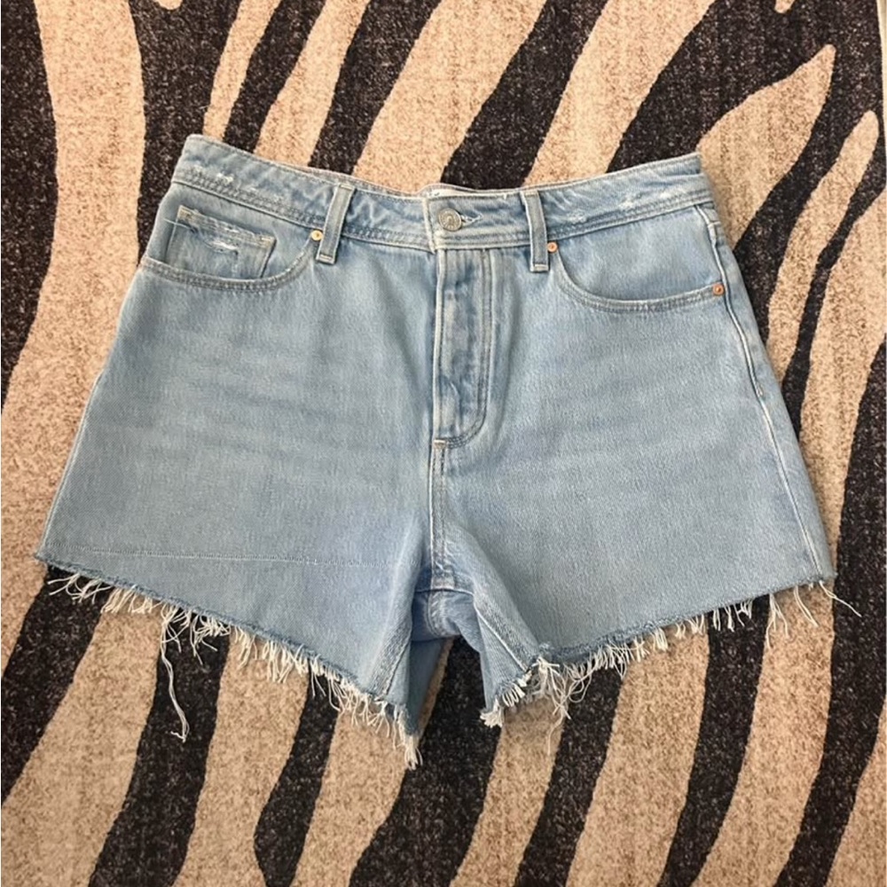 PAIGE Light Blue Jean Shorts with Frayed Hem